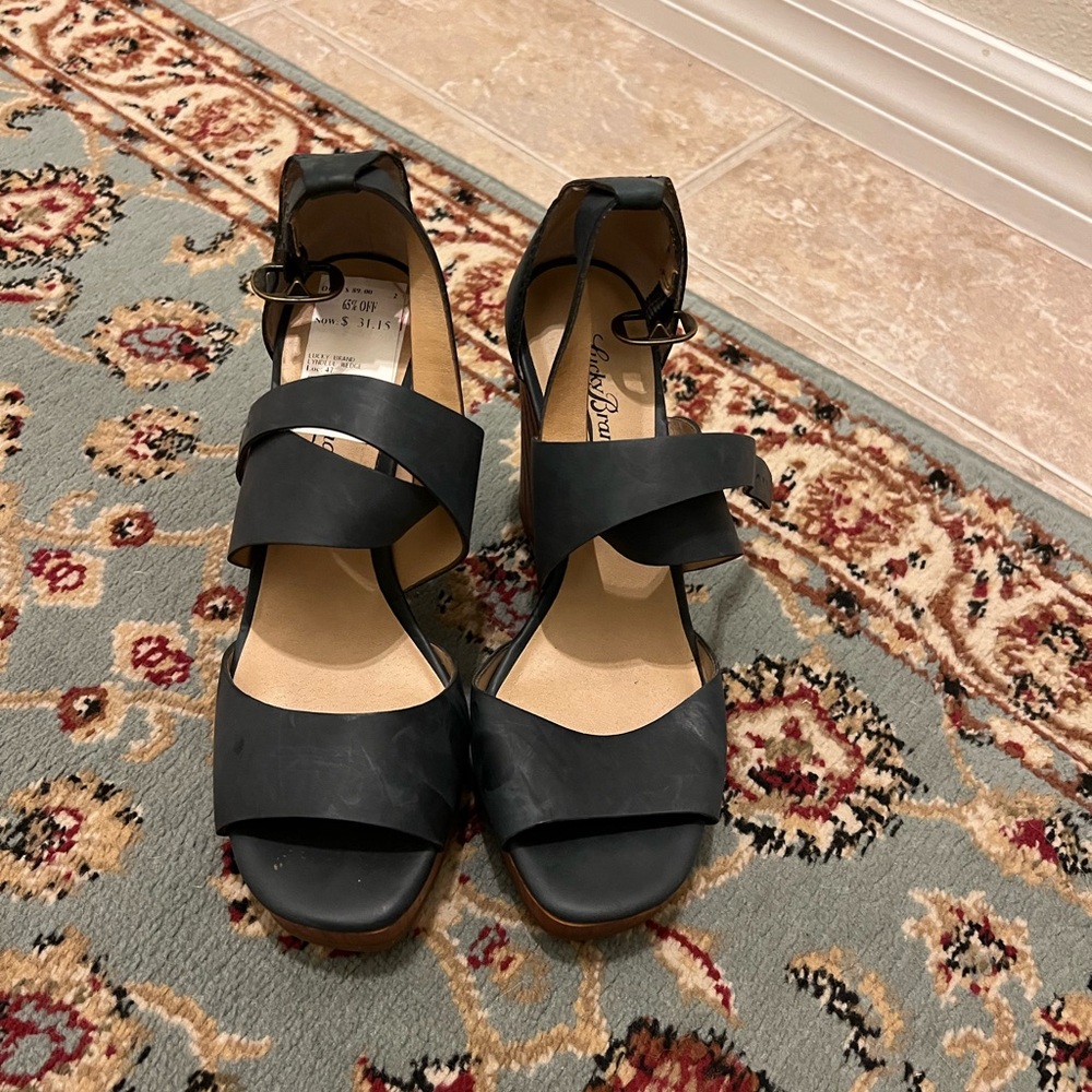 Today Only Sale! Lucky Brand Denim Blue leather Wedge Strappy Heels—like new
